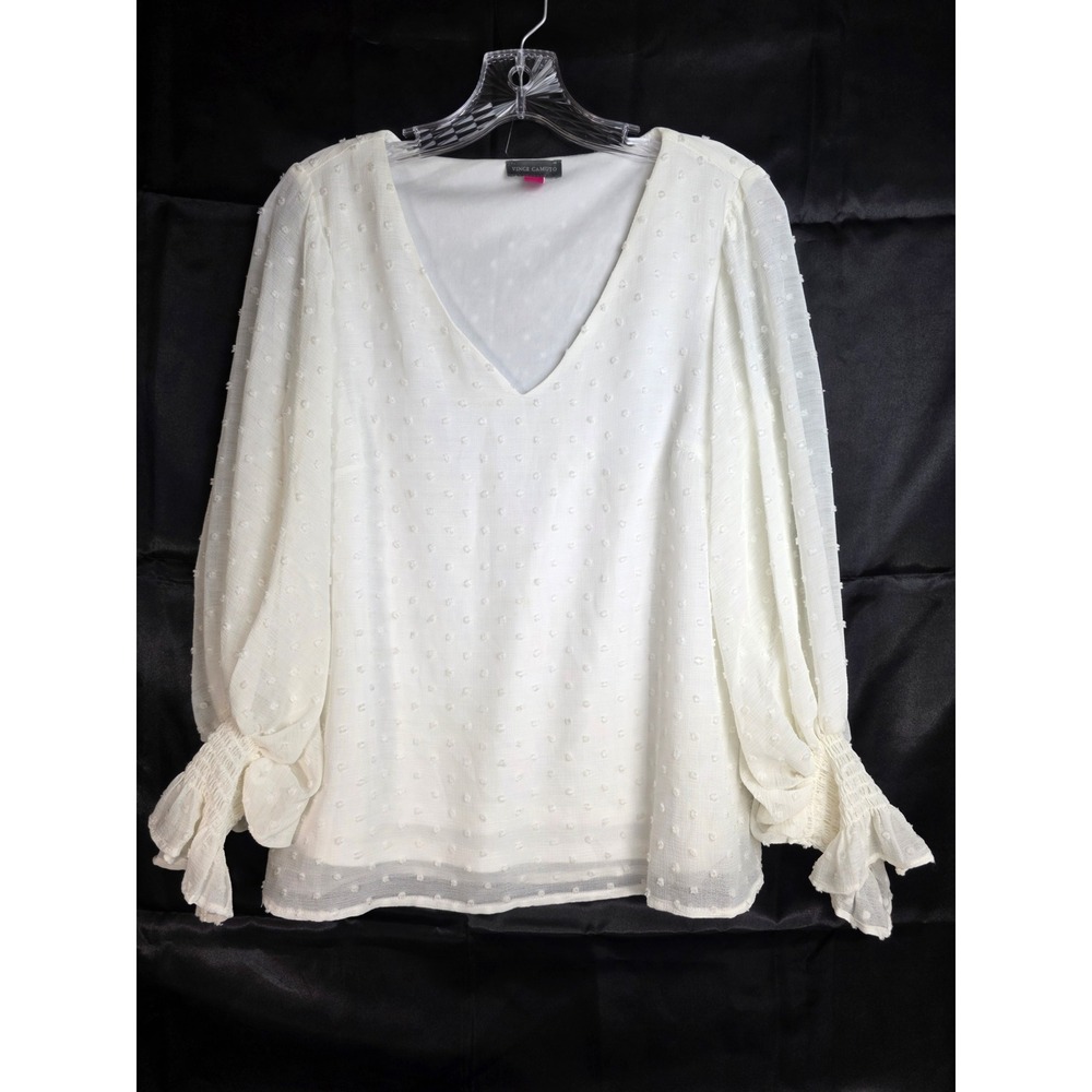 Vince Camuto Top Womens XS White Swiss Dot V Neck Long Sleeve Sheer Blouse Lined
